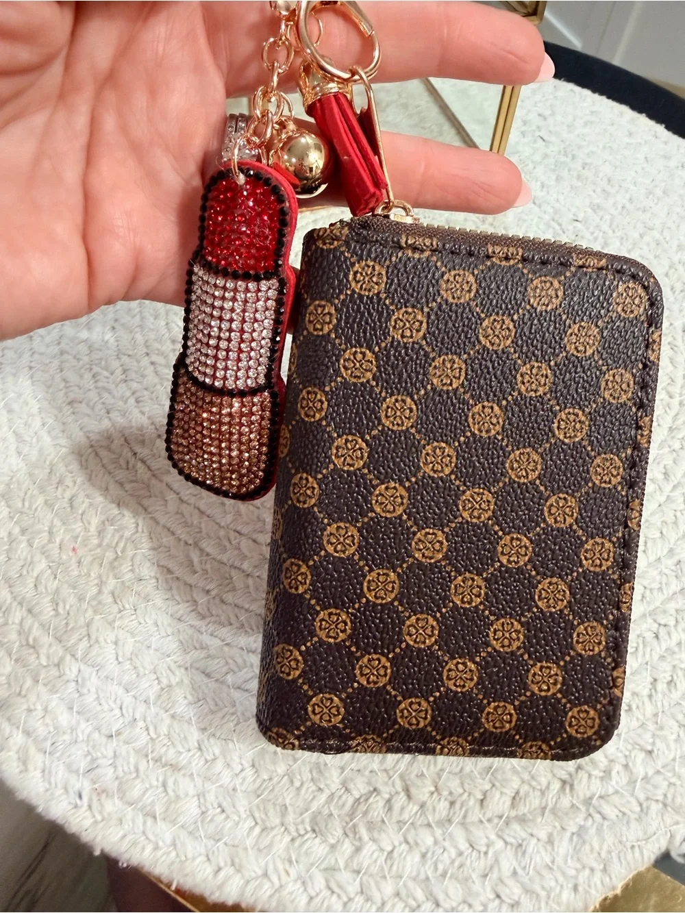Brown Monogram Accordion Zippy Card Wallet + Rhinestone Lipstick Bag Charm